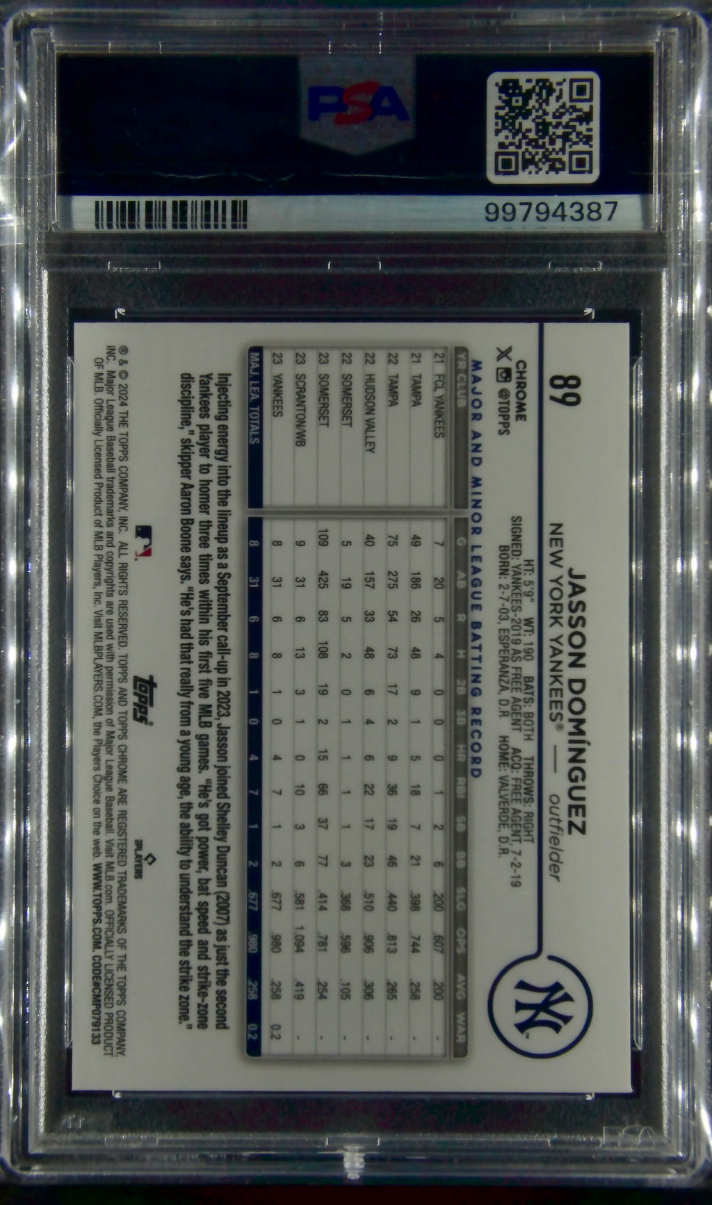 JASSON DOMINGUEZ, RC, Aqua, Ser #'d 141/199, 2024 Topps Chrome, PSA 9 - Mint